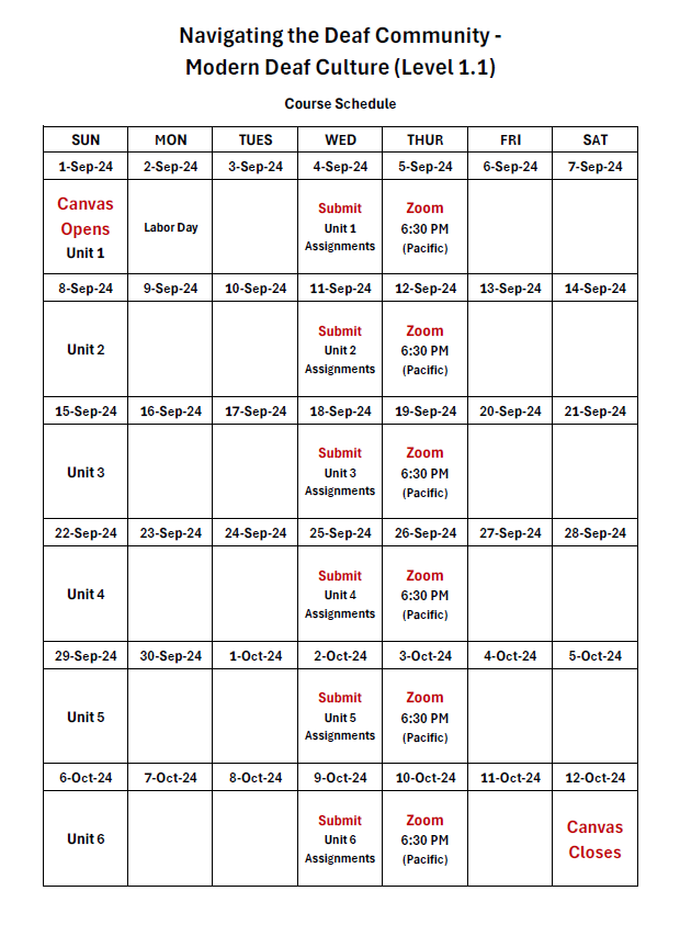 Course schedule for NDC 1-1